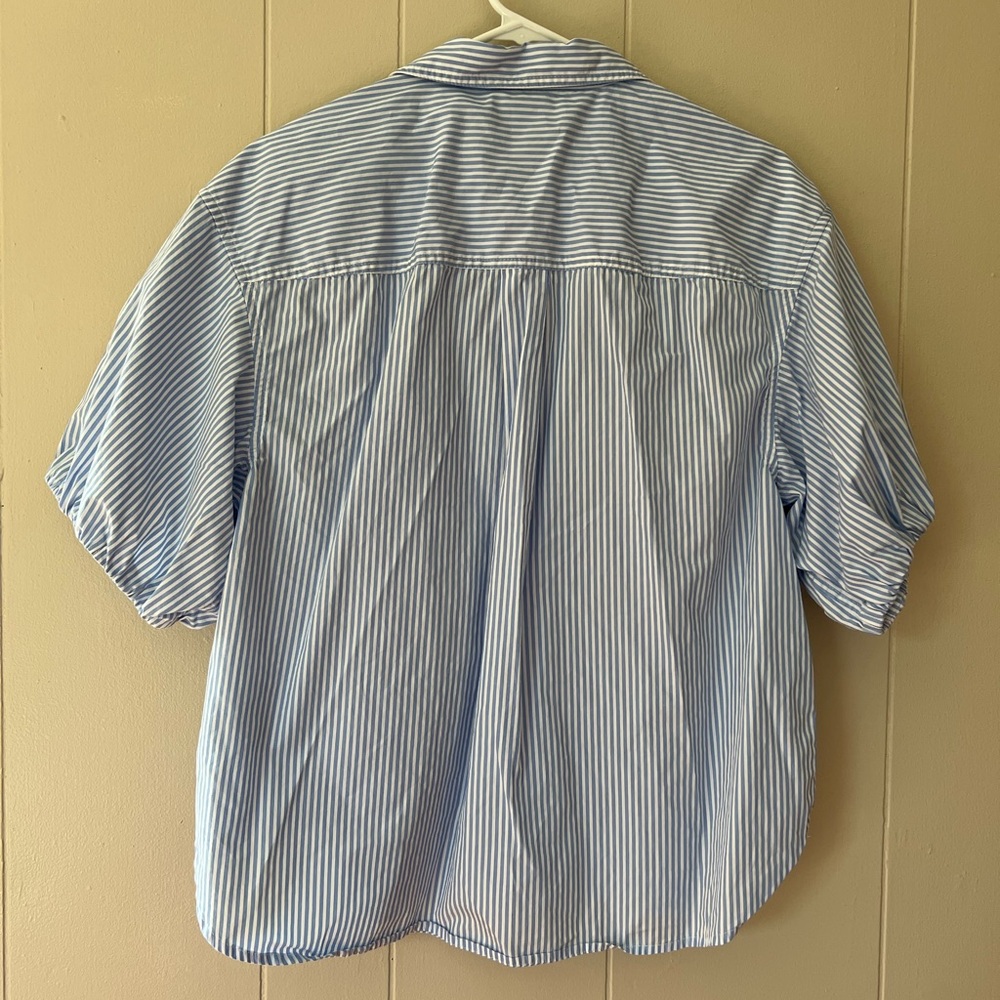 J. Crew Blue & White striped blouse. L. XL. Button Down Shirt. Size 14. - Picture 2 of 14